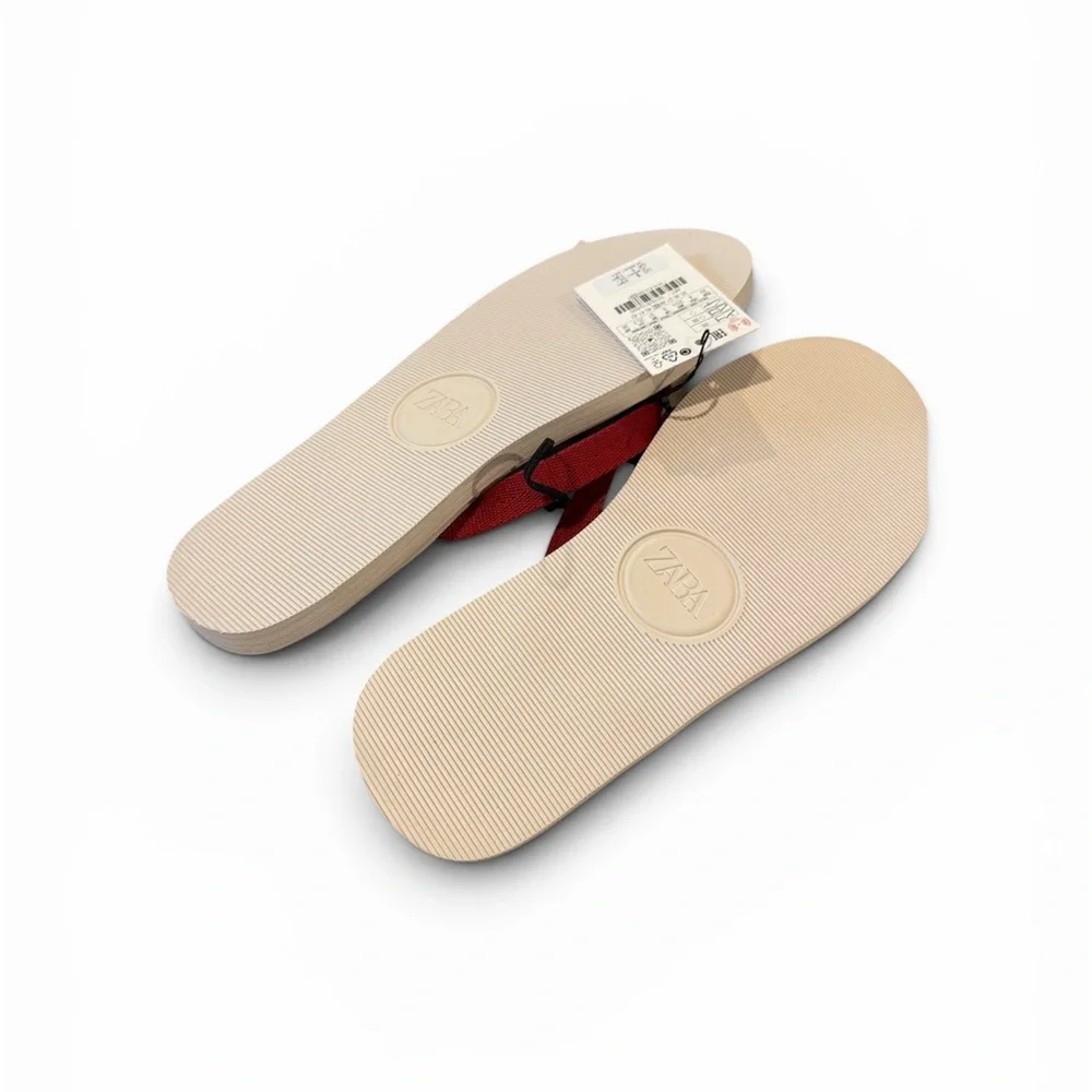ZARA Red Strap Cream Footbed Women's Sandals - Picture 3 of 5